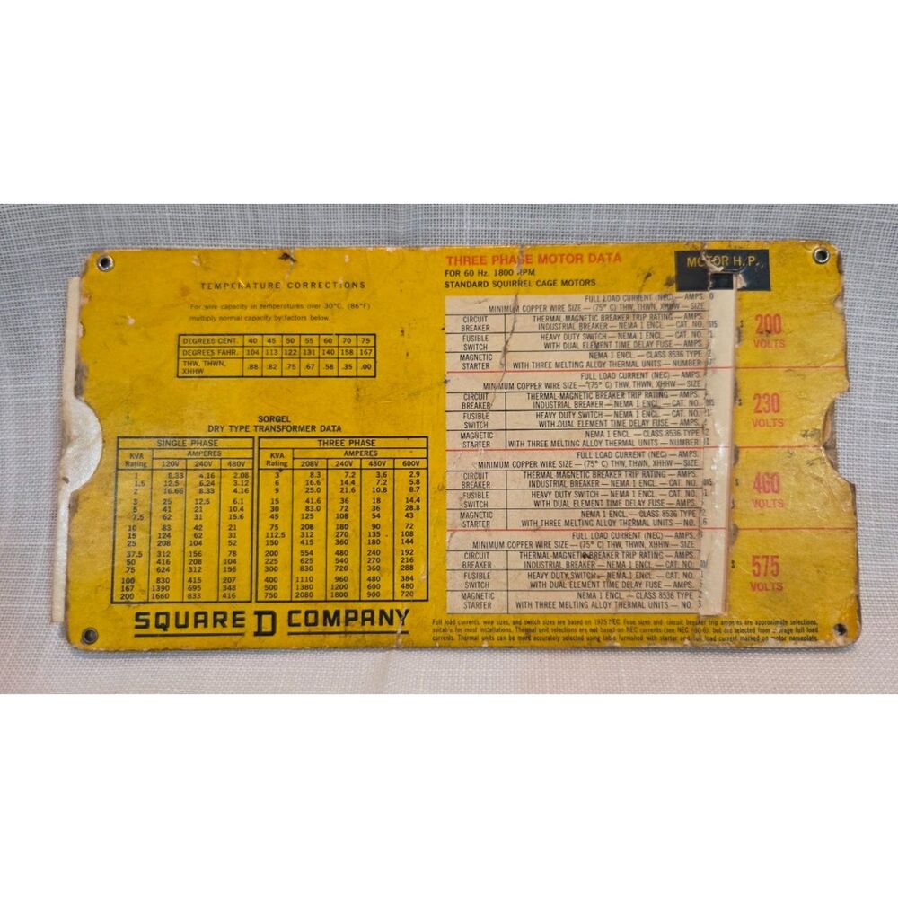Vintage 1975 Square D Motor Data Calculator Electrical Slide Chart NEC
